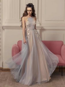 Style #507, maxi dress with floral embroidery and ruching on bodice, available in blue, pink