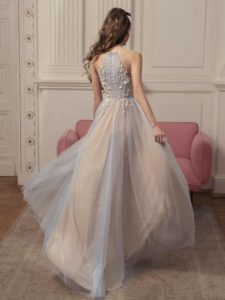 Style #507, maxi dress with floral embroidery and ruching on bodice, available in blue, pink