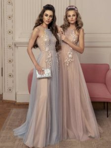 Style #507, maxi dress with floral embroidery and ruching on bodice, available in blue, pink