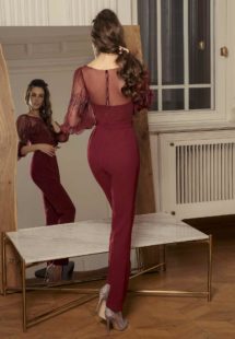 Style #509-8, jumpsuit with bishop sleeves and zig zag embroidery, available in black, powder, burgundy, ivory