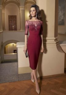 Style #510, sheath midi dress with zig zag embroidery and sweetheart bodice, available in black, powder, burgundy, ivory