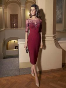Style #510, sheath midi dress with zig zag embroidery and sweetheart bodice, available in black, powder, burgundy, ivory