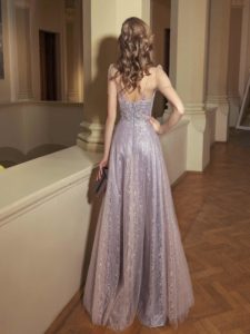 Style #511, maxi dress with sweetheart bodice and floral embroidery, available in powder, lilac, gray, ivory