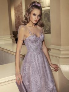 Style #511, maxi dress with sweetheart bodice and floral embroidery, available in powder, lilac, gray, ivory