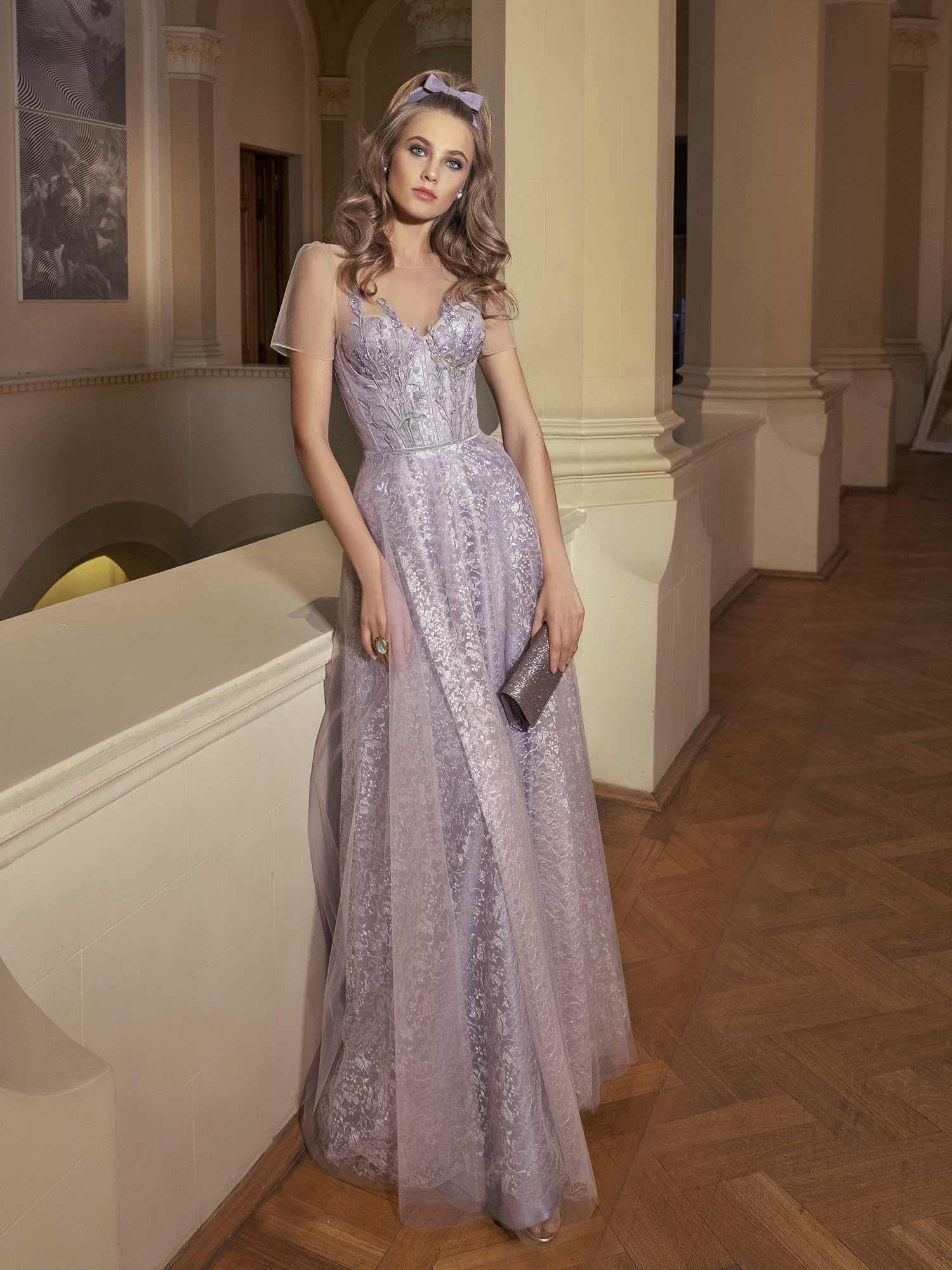 Style #511, maxi dress with sweetheart bodice and floral embroidery, available in powder, lilac, gray, ivory