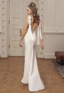 Style #515, maxi dress with deep U neckline and low plunging back, available in ivory, burgundy