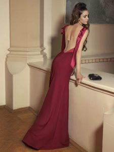 Style #515, maxi dress with deep U neckline and low plunging back, available in ivory, burgundy