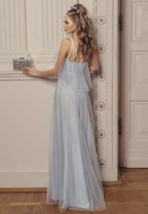 Style #516, maxi dress with bustier bodice and floral embroidery, available in ivory, black, powder, lilac, cherry, grey-light-blue (smoke blue), grey-blue, pink