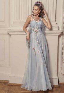 Style #516, maxi dress with bustier bodice and floral embroidery, available in ivory, black, powder, lilac, cherry, grey-light-blue (smoke blue), grey-blue, pink