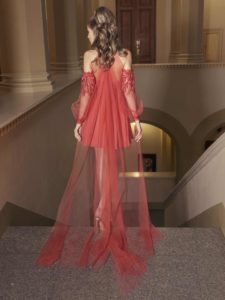 Style #517a, mini dress with asymmetrical embroidery and deep V back, available in ivory, black, powder, lilac, cherry, grey-light-blue (smoke blue), grey-blue, pink