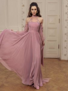 Style #517c, maxi dress with asymmetrical embroidery and deep V back, available in ivory, black, powder, lilac, cherry, grey-light-blue (smoke blue), grey-blue, pink