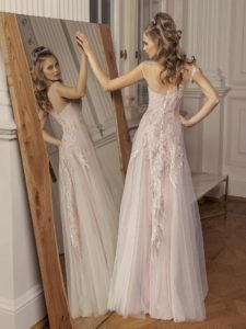 Style #518, strapless maxi dress with bustier bodice and lace overlay dress