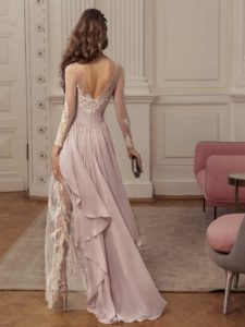 Style #519, maxi dress with embroidered overlay and train, available in ivory, pink