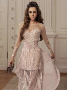 Style #519, maxi dress with embroidered overlay and train, available in ivory, pink