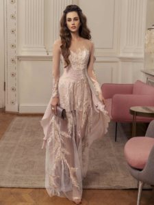 Style #519, maxi dress with embroidered overlay and train, available in ivory, pink