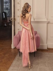 Style #520b, A-line evening gown with unique straps and straight neckline, available in ivory, grey-pink, burgundy, grey, coral