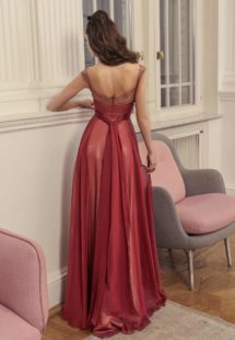 Style #520b, A-line evening gown with unique straps and straight neckline, available in ivory, grey-pink, burgundy, grey, coral