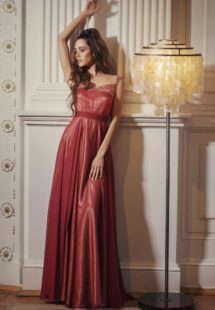 Style #520b, A-line evening gown with unique straps and straight neckline, available in ivory, grey-pink, burgundy, grey, coral