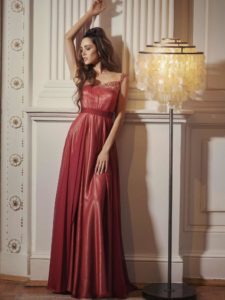 Style #520b, A-line evening gown with unique straps and straight neckline, available in ivory, grey-pink, burgundy, grey, coral
