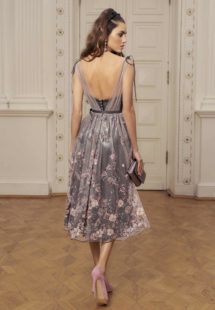 Style #521, midi dress with plunging neckline and floral embroidery, available in grey-pink