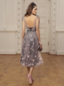 Style #521, midi dress with plunging neckline and floral embroidery, available in grey-pink