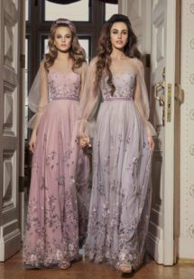 Style #522, maxi dress with bishop sleeves and scalloped hem, available in powder, lilac, nude, pink, grey