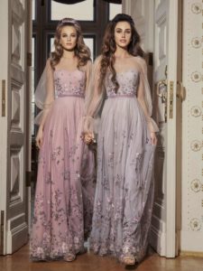 Style #522, maxi dress with bishop sleeves and scalloped hem, available in powder, lilac, nude, pink, grey