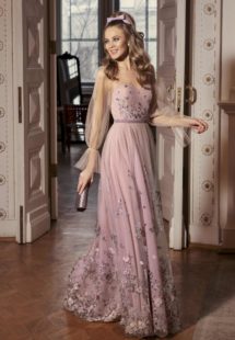 Style #522, maxi dress with bishop sleeves and scalloped hem, available in powder, lilac, nude, pink, grey