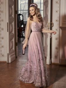 Style #522, maxi dress with bishop sleeves and scalloped hem, available in powder, lilac, nude, pink, grey