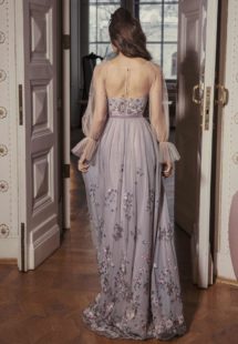 Style #522, maxi dress with bishop sleeves and scalloped hem, available in powder, lilac, nude, pink, grey