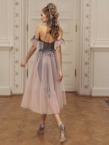 Style #523, cocktail dress with plunging sweetheart neckline and A-line skirt overlay, available in grey-pink