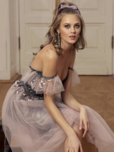 Style #523, cocktail dress with plunging sweetheart neckline and A-line skirt overlay, available in grey-pink