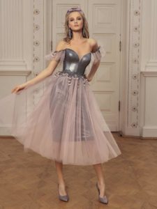 Style #523, cocktail dress with plunging sweetheart neckline and A-line skirt overlay, available in grey-pink