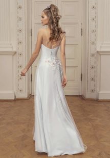 Style #526, maxi dress with sweetheart bodice, zig zag embroidery, and three quarter bishop sleeves with ruffled cuffs, available in ivory, lilac, sky-blue