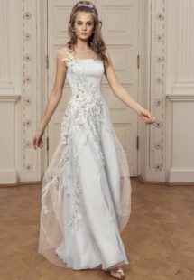 Style #526, maxi dress with sweetheart bodice, zig zag embroidery, and three quarter bishop sleeves with ruffled cuffs, available in ivory, lilac, sky-blue