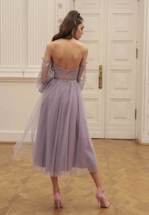 Style #529a, midi dress with plunging sweetheart neckline and bishop sleeves, available in ivory, black, powder, lilac, cherry, grey-light- blue (smoke blue)