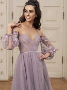 Style #529a, midi dress with plunging sweetheart neckline and bishop sleeves, available in ivory, black, powder, lilac, cherry, grey-light- blue (smoke blue)