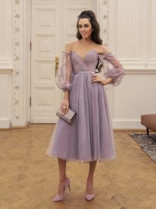 Style #529a, midi dress with plunging sweetheart neckline and bishop sleeves, available in ivory, black, powder, lilac, cherry, grey-light- blue (smoke blue)