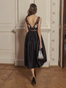 Style #530, midi dress with plunging neckline and sequinned embroidery, available in black