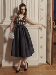 Style #530, midi dress with plunging neckline and sequinned embroidery, available in black