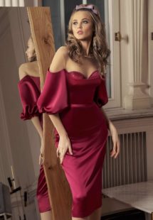 Style #531, cocktail dress with straight neckline and embellished cups, available in burgundy, ivory