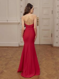 Style #532, maxi dress with plunging neckline and slit up leg, available in pink, red, blue, ivory