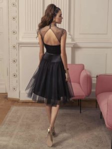 Style #535, midi dress with keyhole back and sheer black high neck, available in black, powder, ivory