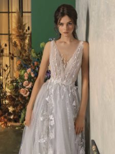 A-line wedding dress with deep V neckline, available in ivory-grey, ivory, ivory-pink