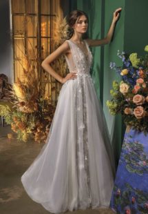 Style #2033L, A-line wedding dress with deep V neckline, available in ivory-grey, ivory, ivory-pink