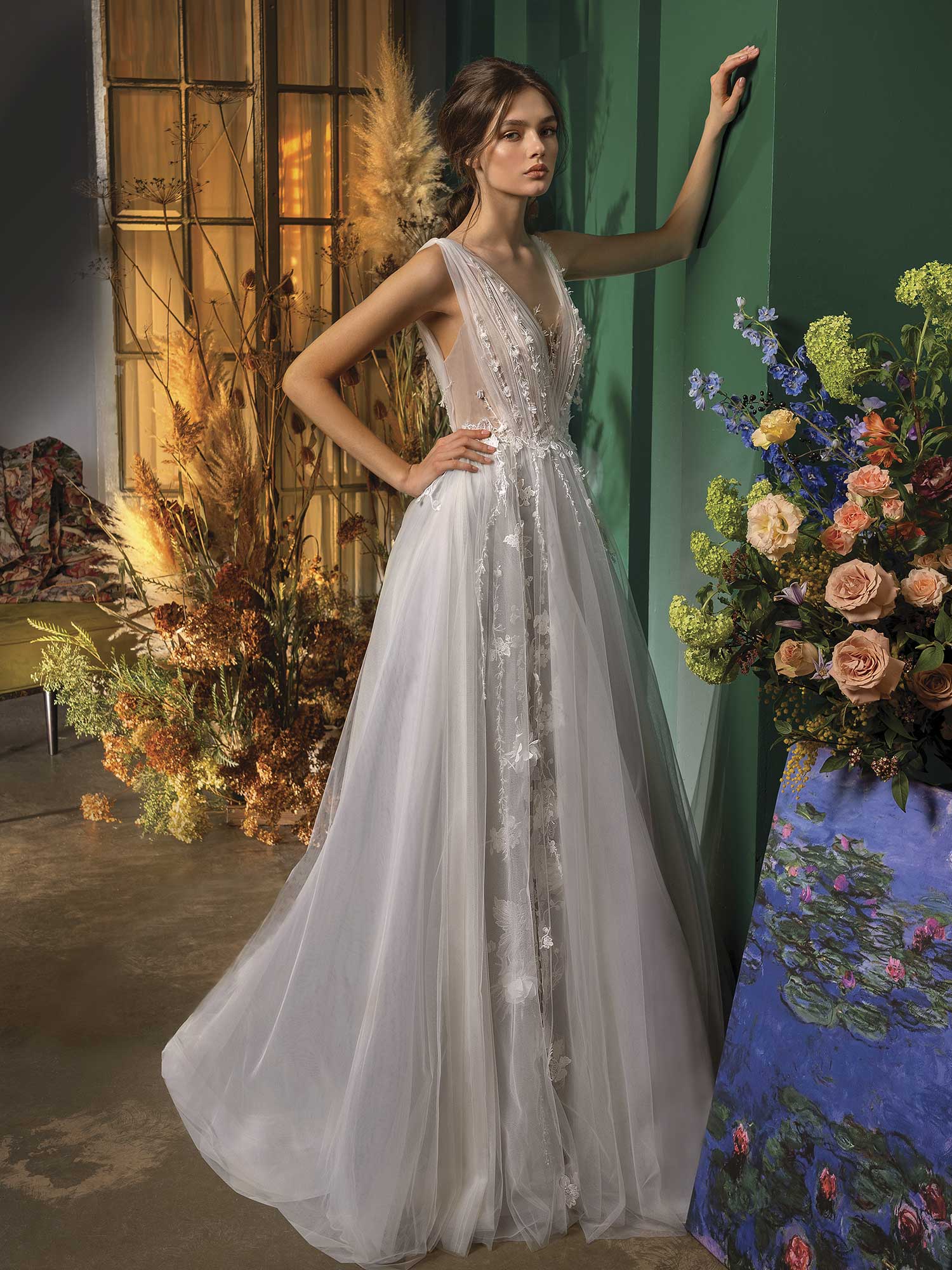 Style #2033L, A-line wedding dress with deep V neckline, available in ivory-grey, ivory, ivory-pink