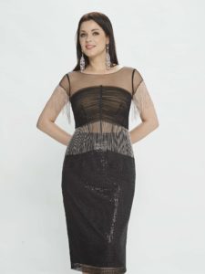 Style #M508, sheath dress with fringe and sequinned embroidery, available in black