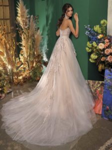 One shoulder wedding dress with floral embroidery, available in ivory-powder on nude base, ivory-powder on ivory base