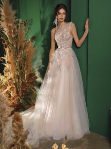 One shoulder wedding dress with floral embroidery, available in ivory-powder on nude base, ivory-powder on ivory base