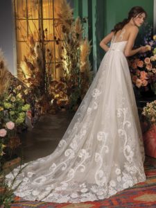 Style #2029L, A-line wedding dress with embroidery and plunging neckline, available in ivory and dark ivory